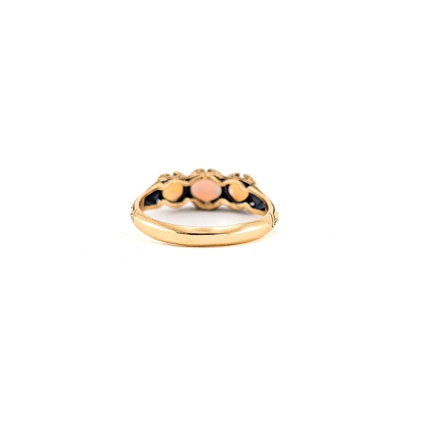 Vintage 9K Gold Three-Stone Opal Ring with Engraved Shoulders