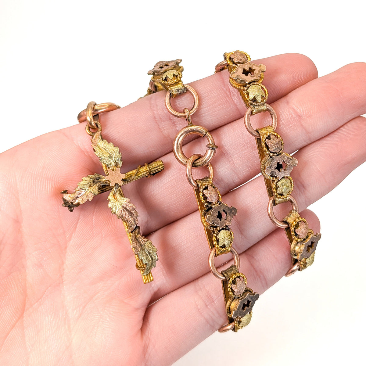 Antique Victorian 10K Gold & Gold-Filled Book Chain Necklace with Cross