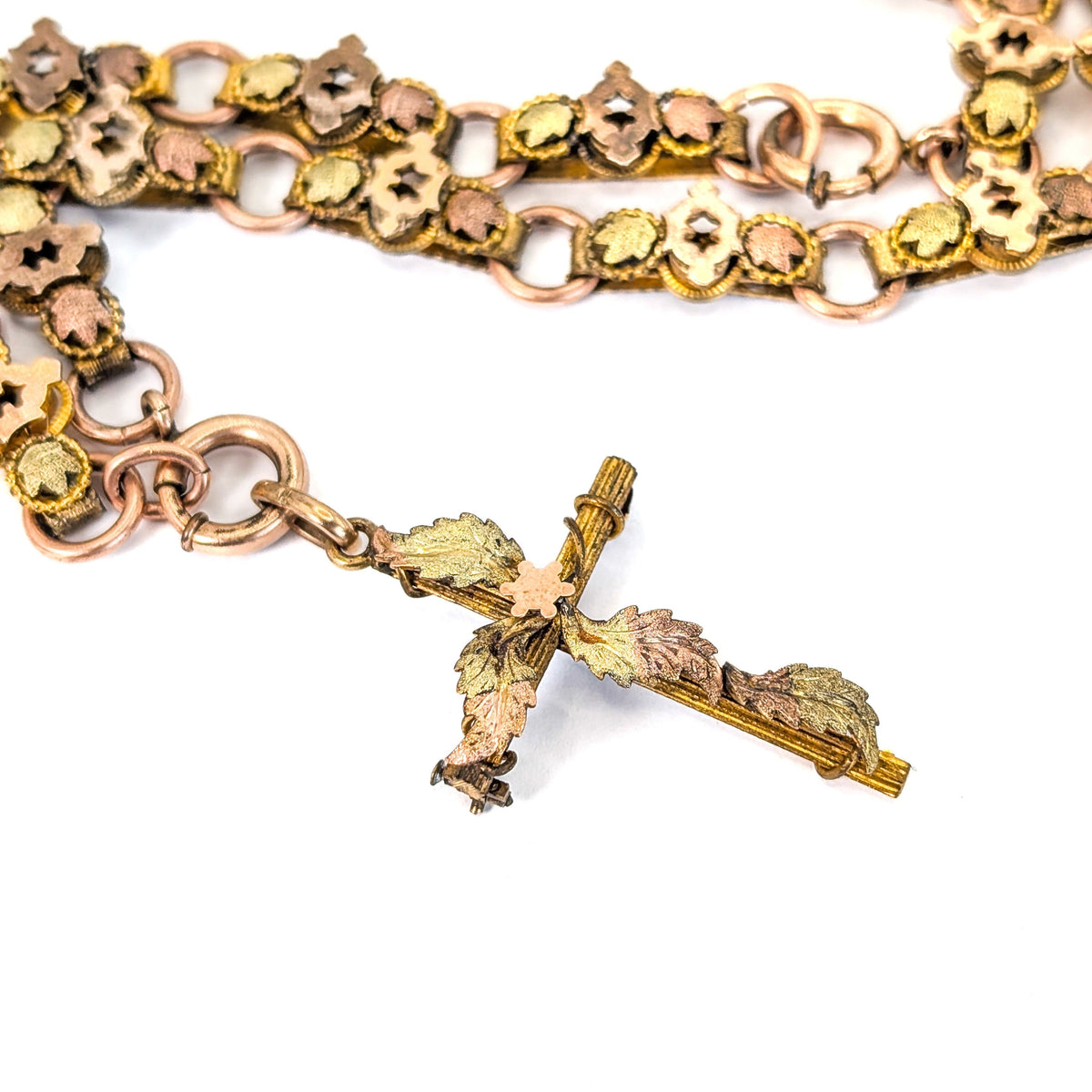Antique Victorian 10K Gold & Gold-Filled Book Chain Necklace with Cross