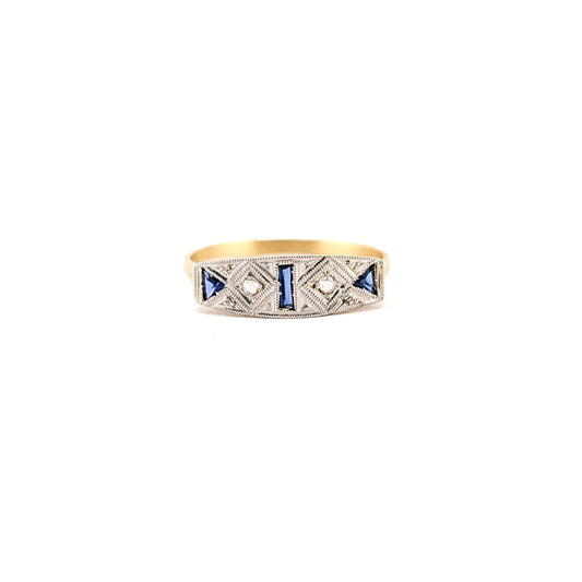 Art Deco Sapphire & Diamond Geometric Band Ring in 18K Gold