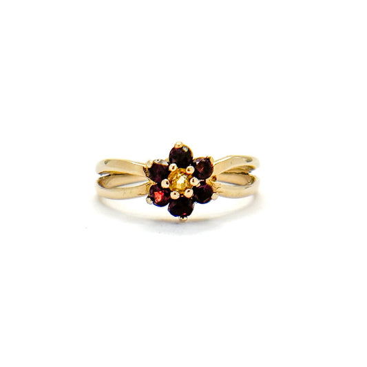 9k Gold Garnet Flower Ring with Citrine Center