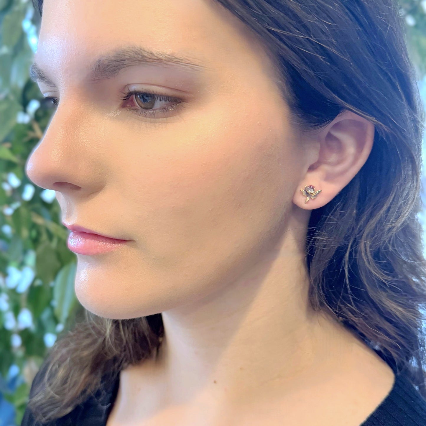 Vintage Enamel Orchid Stud Earrings in 14k Gold