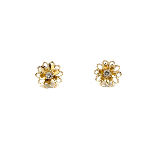 14k Gold Vintage Diamond Solitaire Stud Earrings with Solid Gold Flower Jackets