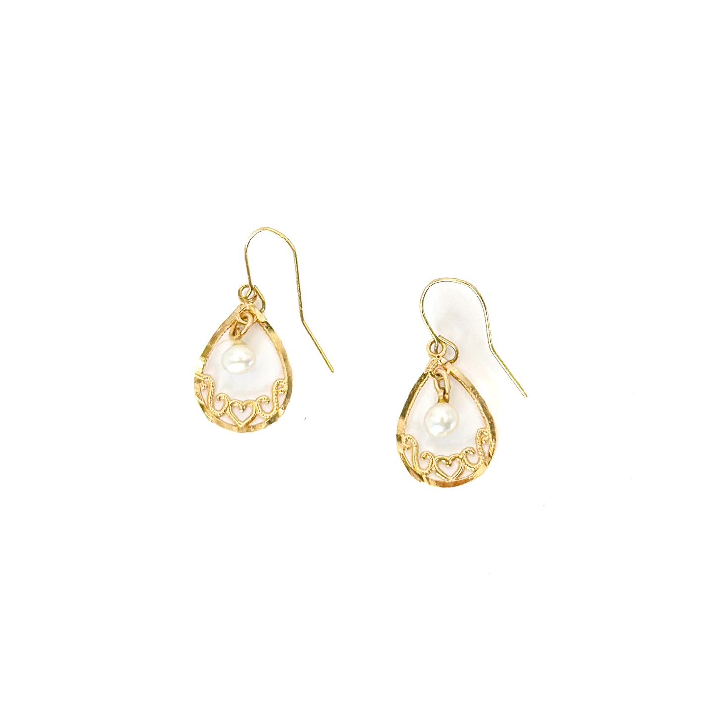14K Pearl Filigree Gold French Wire Hook Earrings