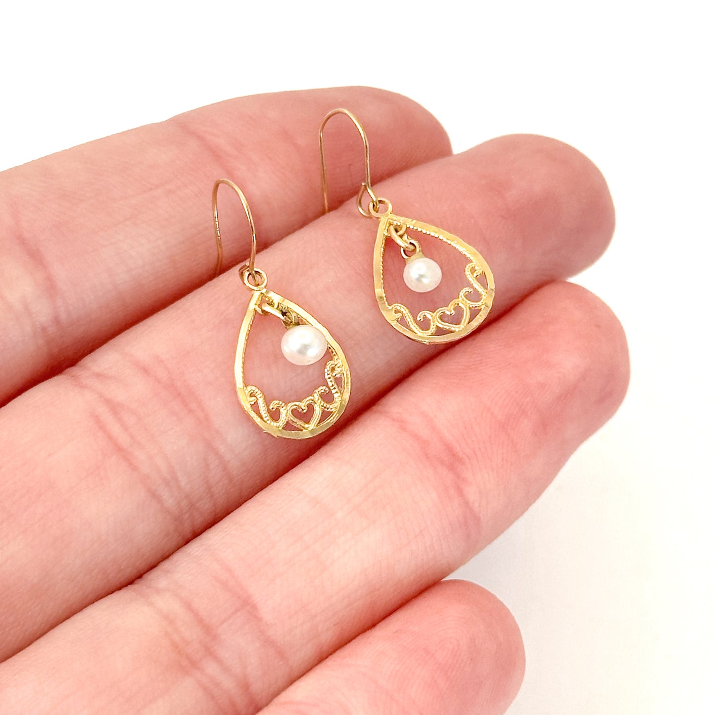 14K Pearl Filigree Gold French Wire Hook Earrings