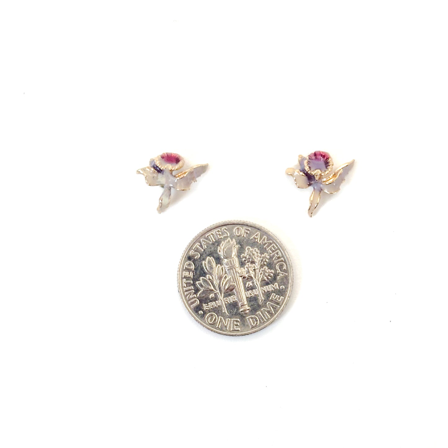 Vintage Enamel Orchid Stud Earrings in 14k Gold
