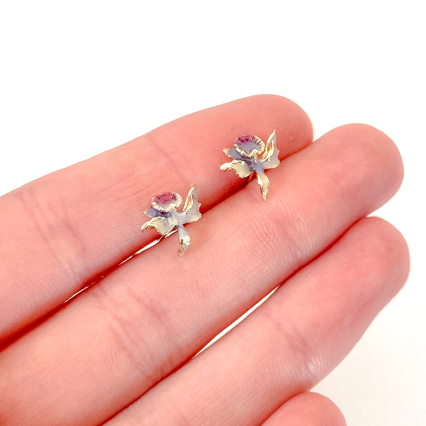 Vintage Enamel Orchid Stud Earrings in 14k Gold