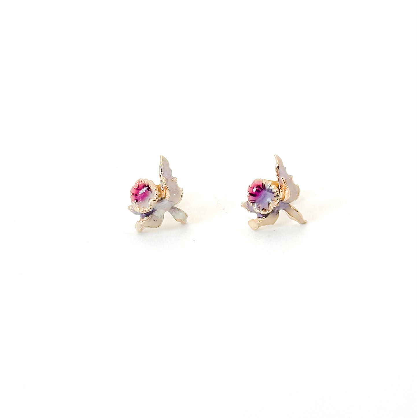 Vintage Enamel Orchid Stud Earrings in 14k Gold