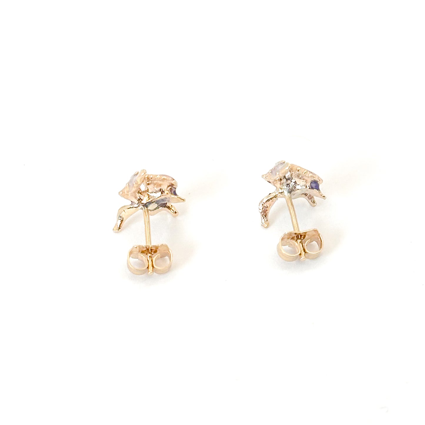 Vintage Enamel Orchid Stud Earrings in 14k Gold