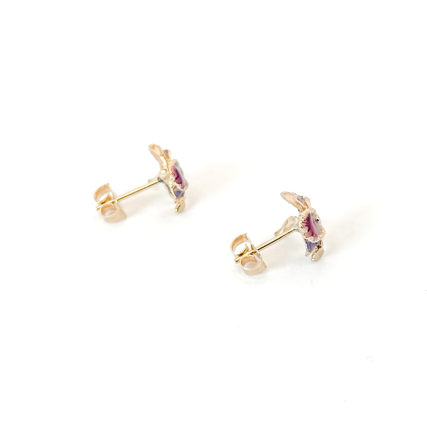 Vintage Enamel Orchid Stud Earrings in 14k Gold