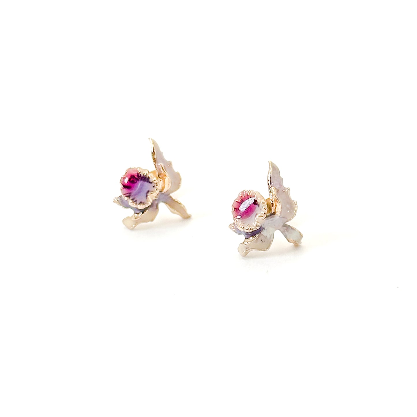 Vintage Enamel Orchid Stud Earrings in 14k Gold