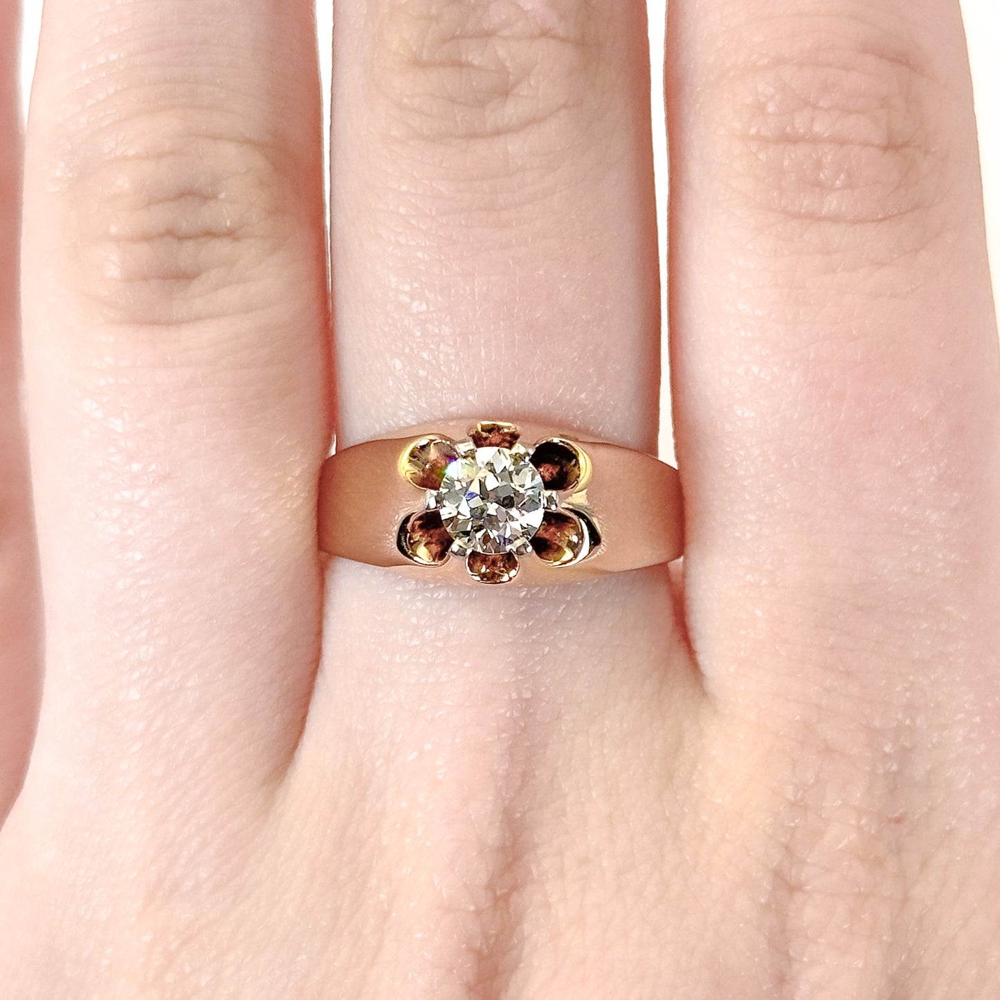Antique 14K Belcher Set Old Euro Diamond  Solitaire Ring