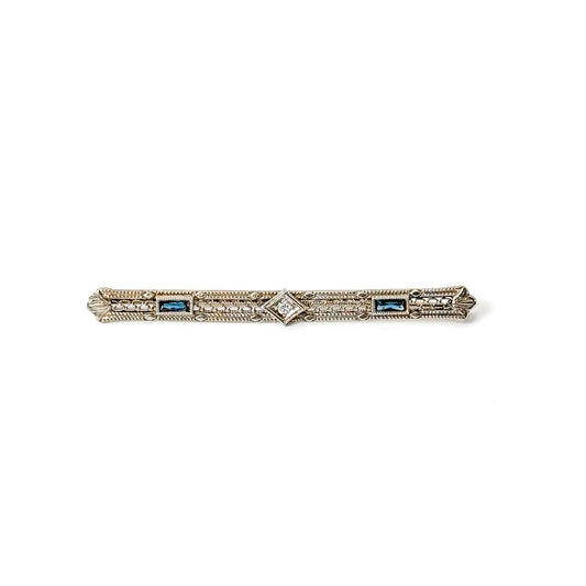 Antique Art Deco 10k White Gold Filigree Bar Pin with Sapphires and Diamond