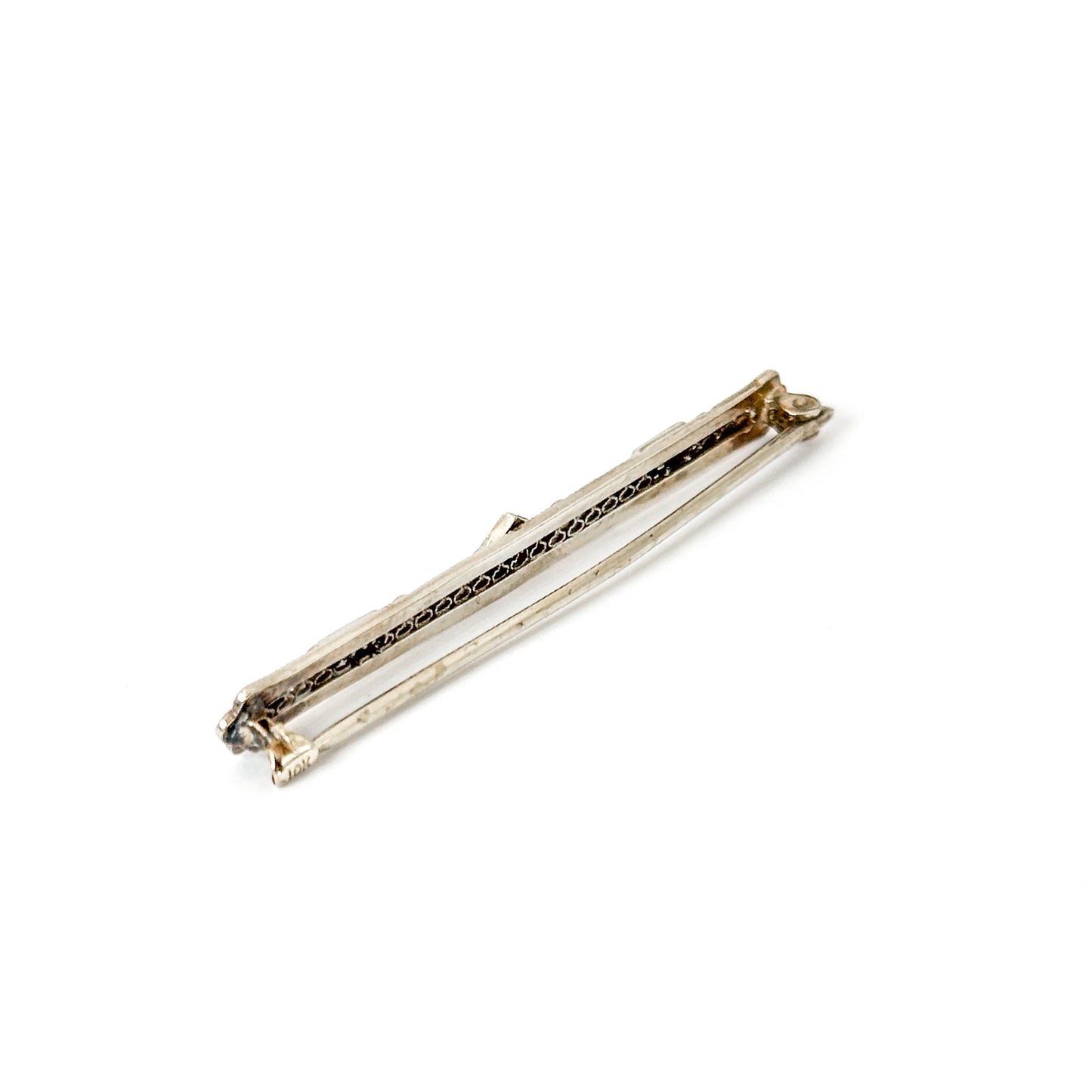 Antique Art Deco 10k White Gold Filigree Bar Pin with Sapphires and Diamond