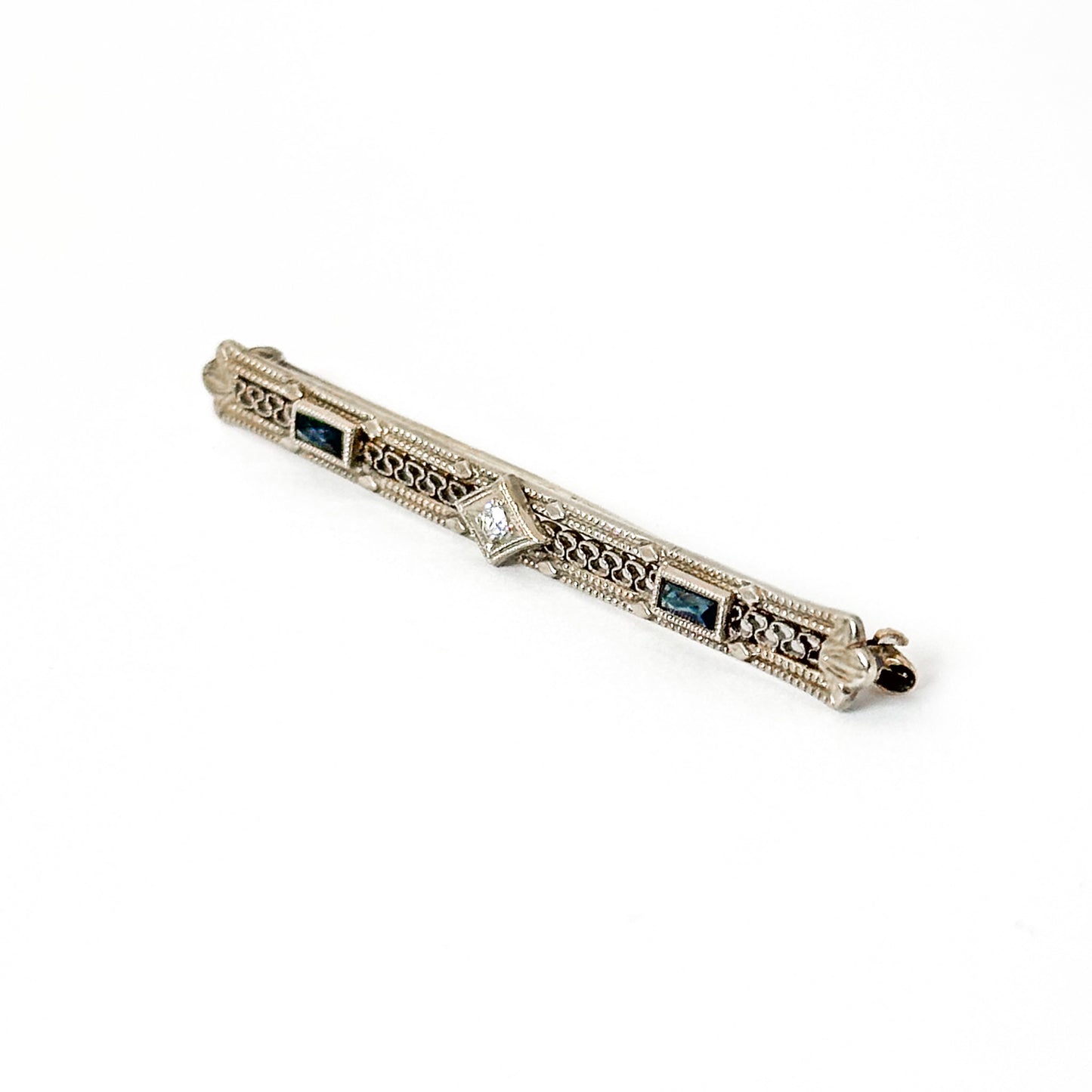 Antique Art Deco 10k White Gold Filigree Bar Pin with Sapphires and Diamond