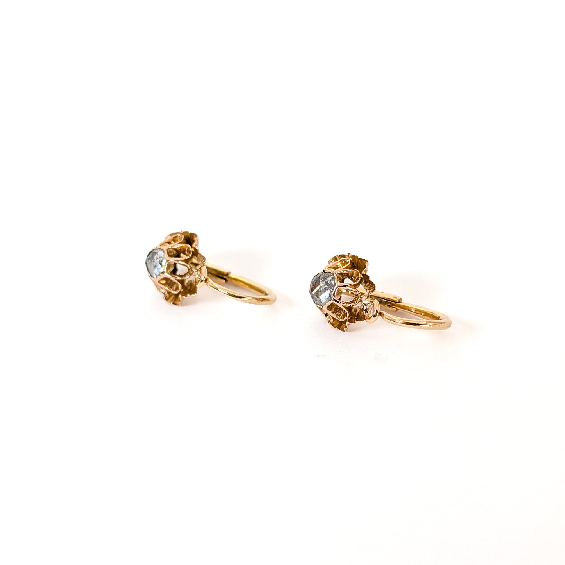 Antique Italian Crafted 18K Gold Drop Lever back Earrings with Rose Cut Diamonds on a white background