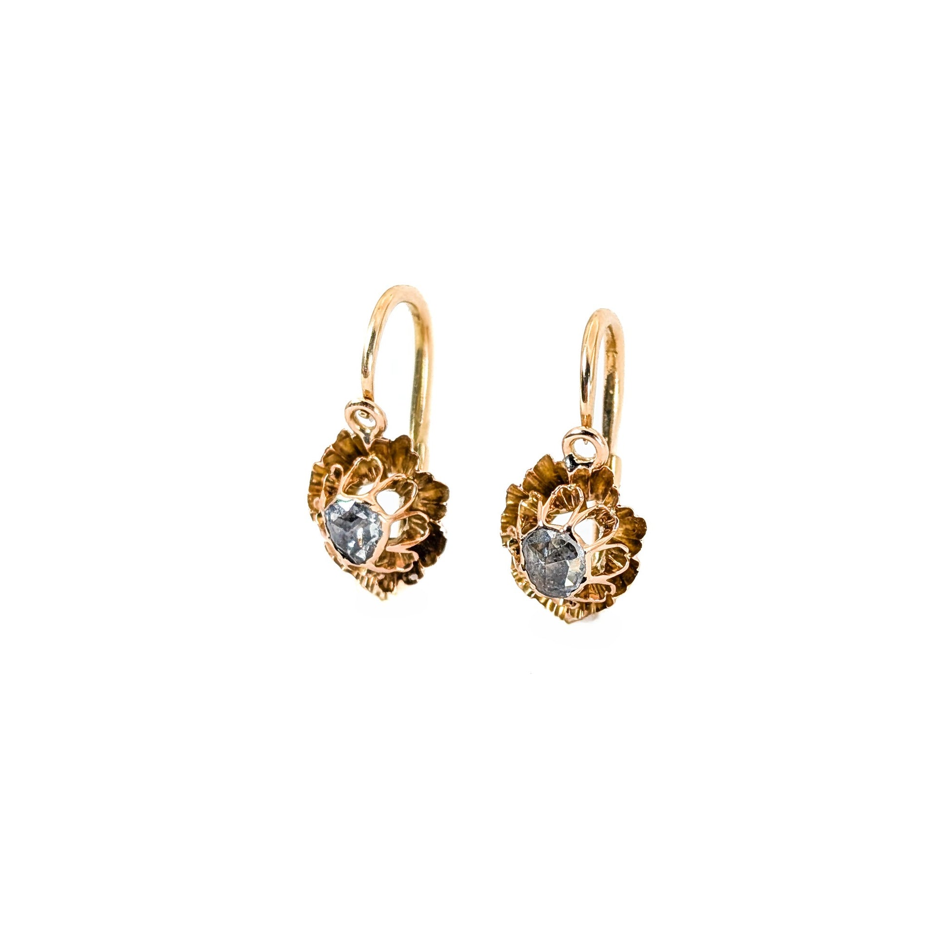 Antique Italian Crafted 18K Gold Drop Lever back Earrings with Rose Cut Diamonds on a white background