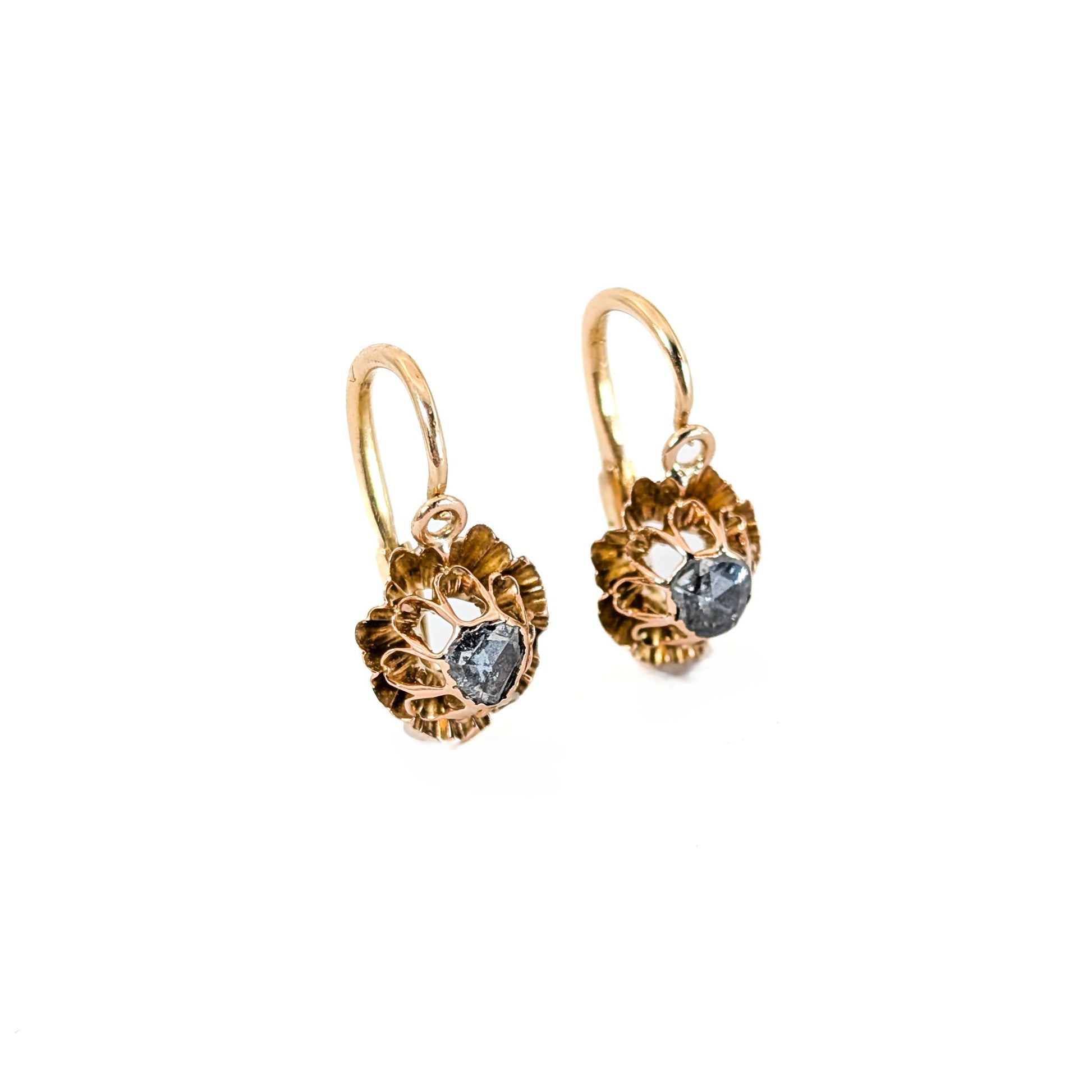 Antique Italian Crafted 18K Gold Drop Lever back Earrings with Rose Cut Diamonds on a white background