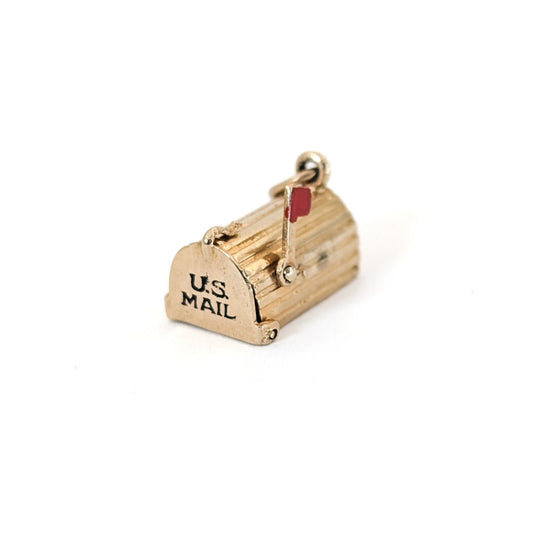 14k Gold U.S. Mail mailbox charm with enamel detailing on a white background