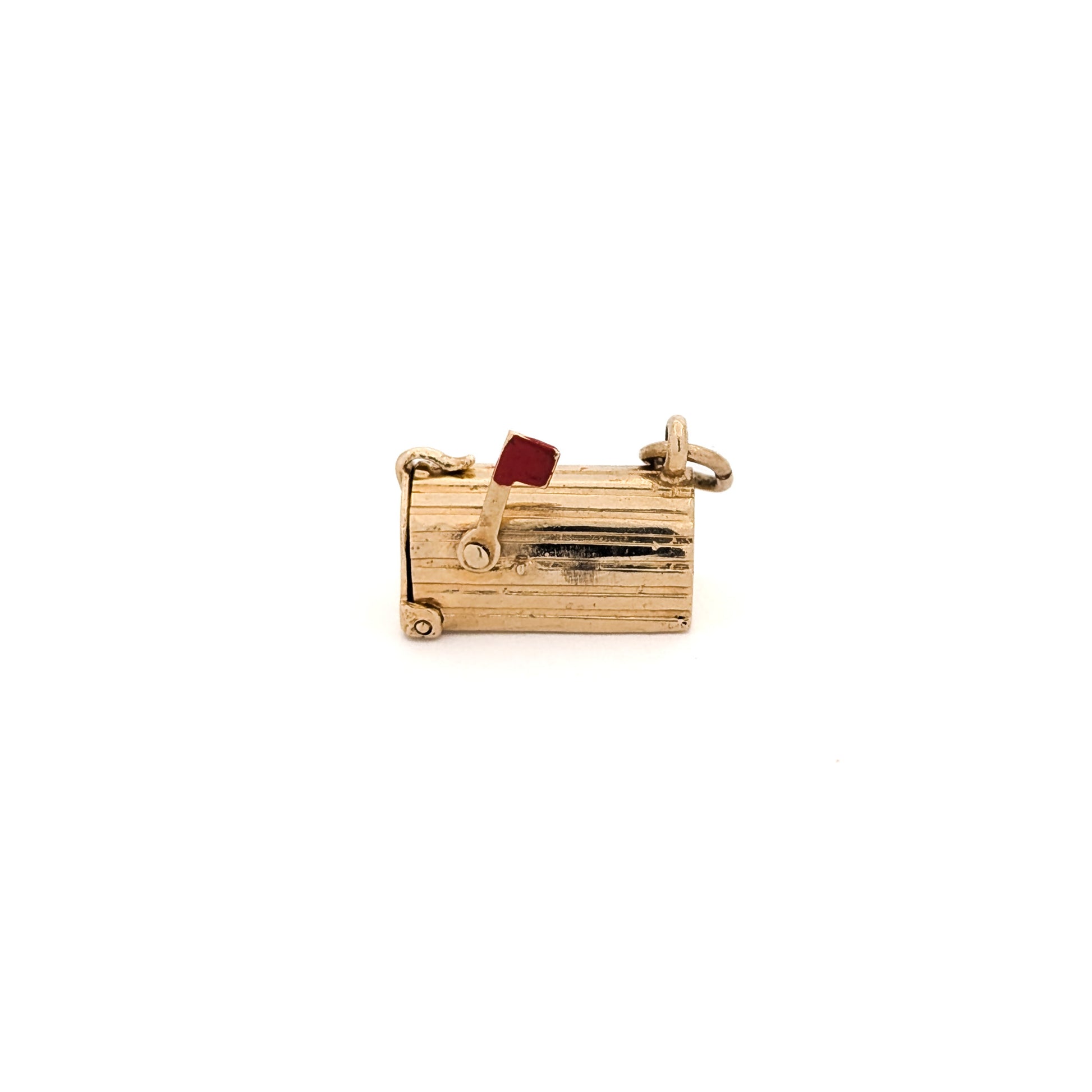 14k Gold U.S. Mail mailbox charm with enamel detailing on a white background