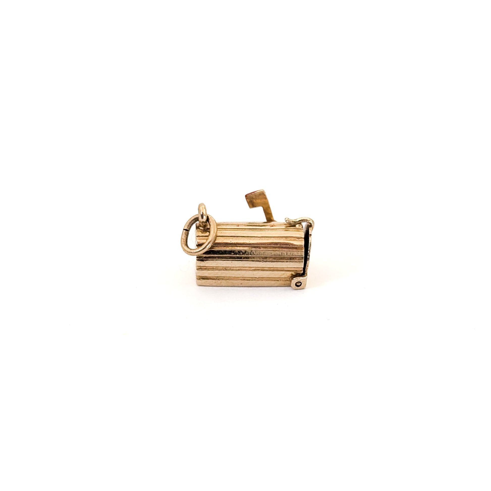 14k Gold U.S. Mail mailbox charm with enamel detailing on a white background