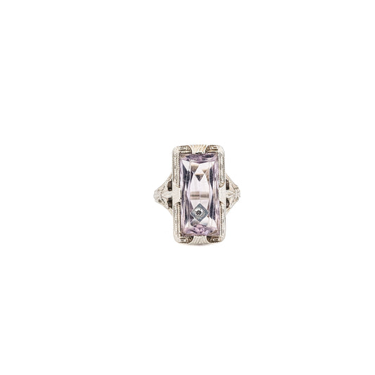 18K White Gold Ring with Amethyst and Diamond gemstones on a white background