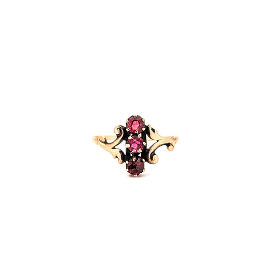 Antique Victorian 10K Gold Glass Ruby Ring – Ornate Scroll Design