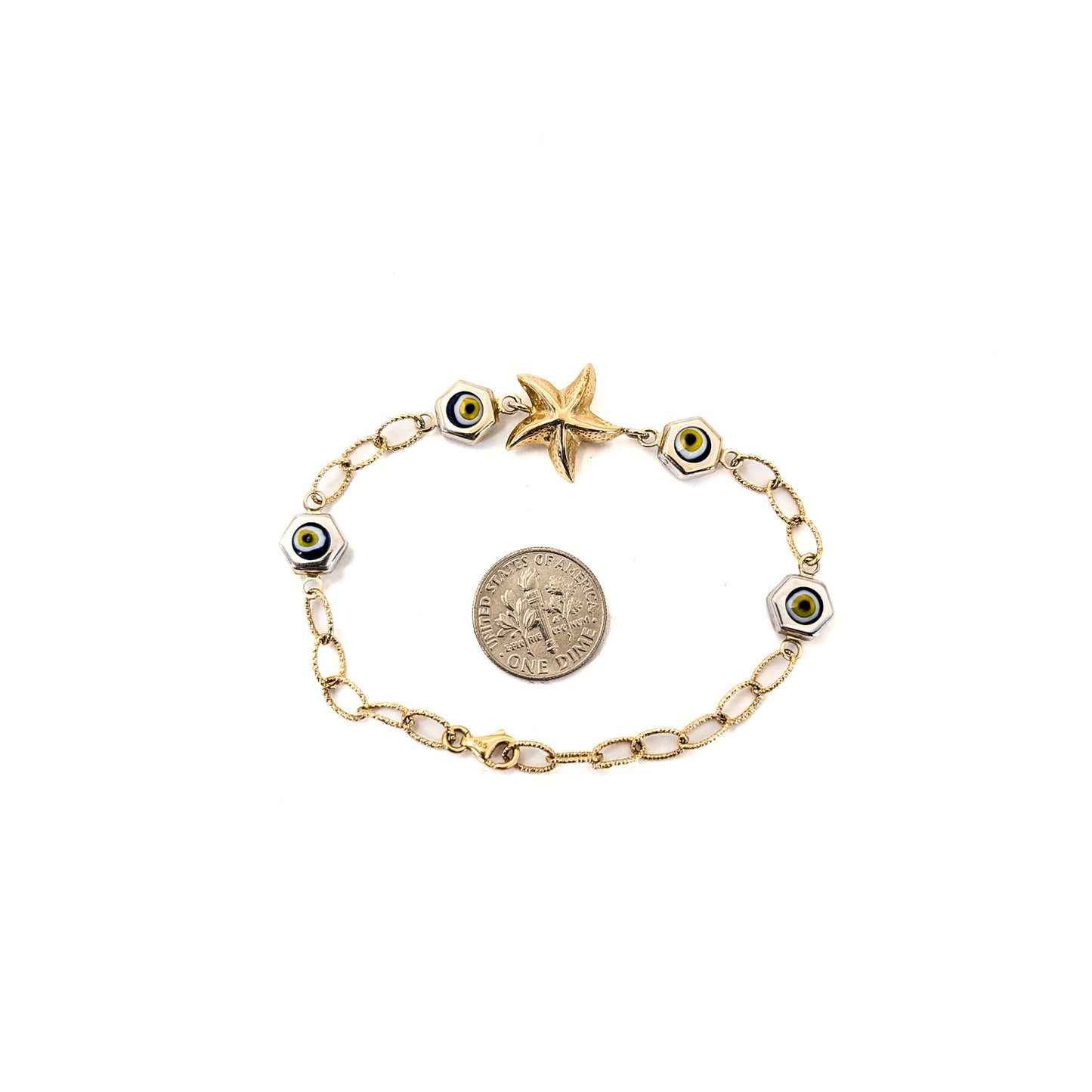 Vintage 14K Gold Starfish & Evil Eye Mermaid Bracelet