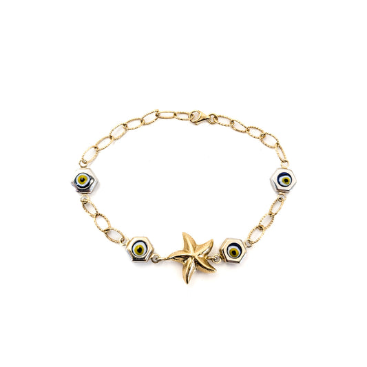 Vintage 14K Gold Starfish & Evil Eye Mermaid Bracelet