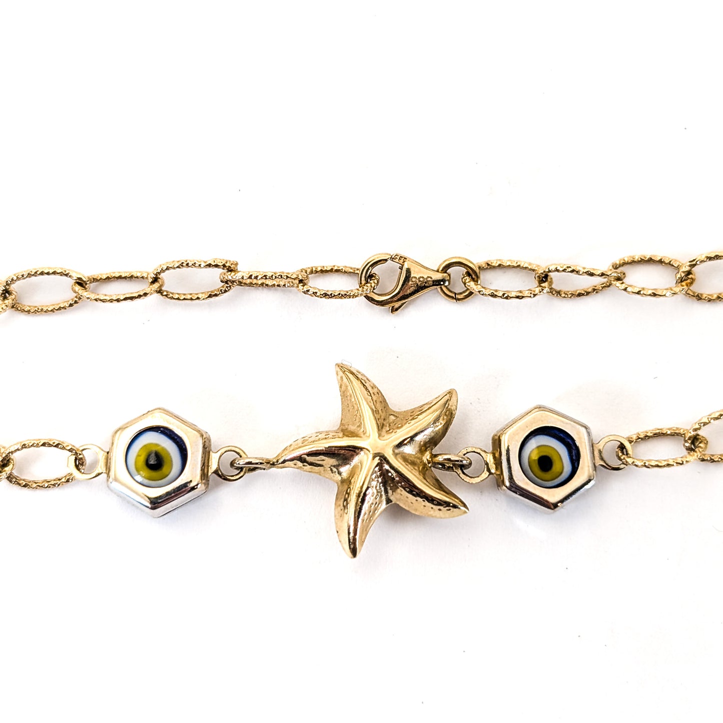 Vintage 14K Gold Starfish & Evil Eye Mermaid Bracelet