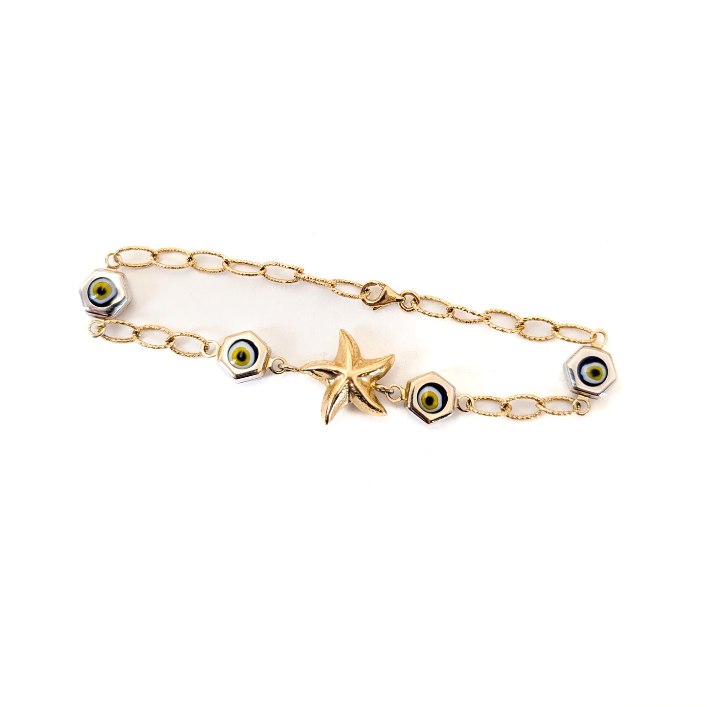 Vintage 14K Gold Starfish & Evil Eye Mermaid Bracelet