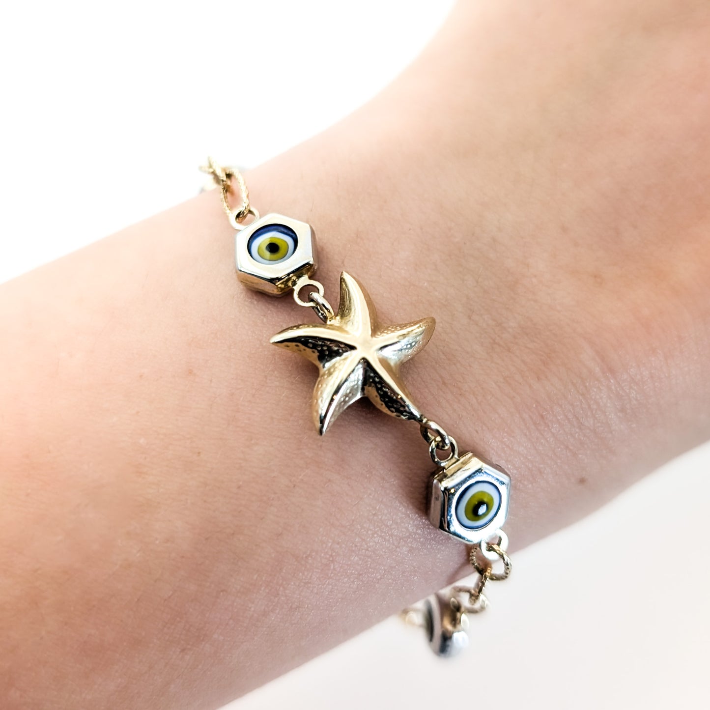 Vintage 14K Gold Starfish & Evil Eye Mermaid Bracelet