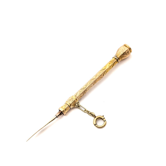 Victorian 14K Gold Retractable Antique Toothpick – Ornate Engraved Mechanical Design