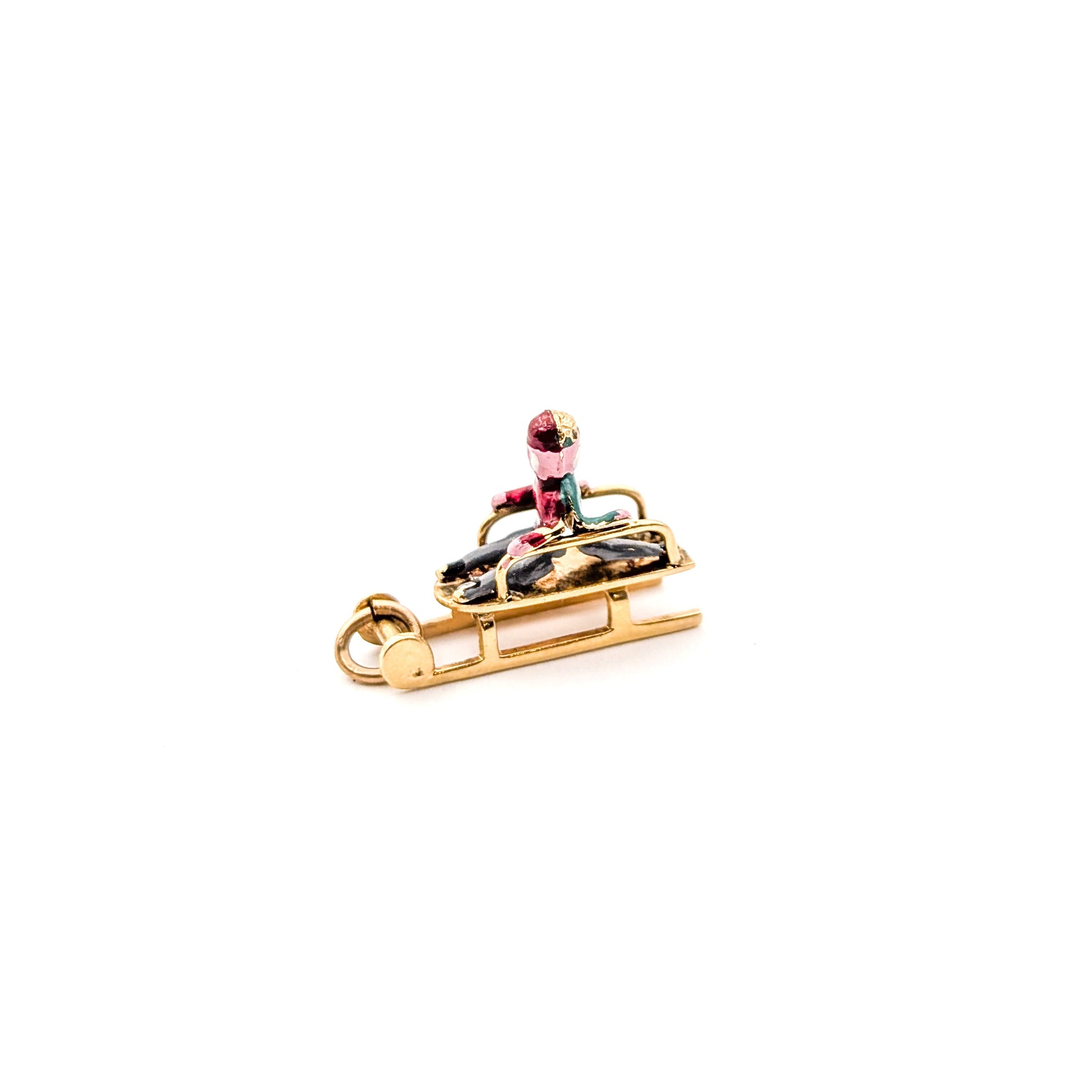 Vintage 14K Gold & Enamel Sledding Charm – Winter Holiday Scene, 14K Yellow Gold, Mid-Century