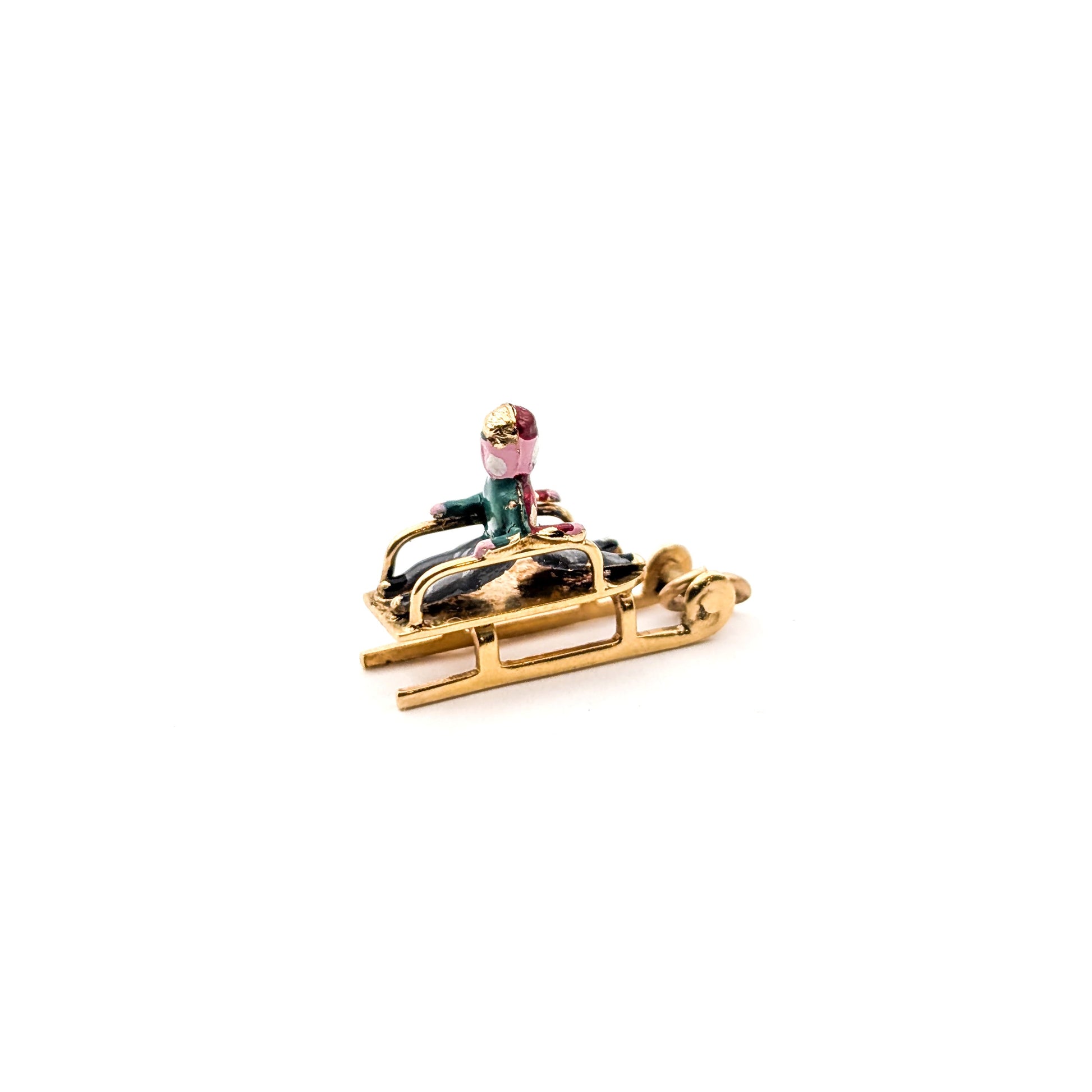 Vintage 14K Gold & Enamel Sledding Charm – Winter Holiday Scene, 14K Yellow Gold, Mid-Century