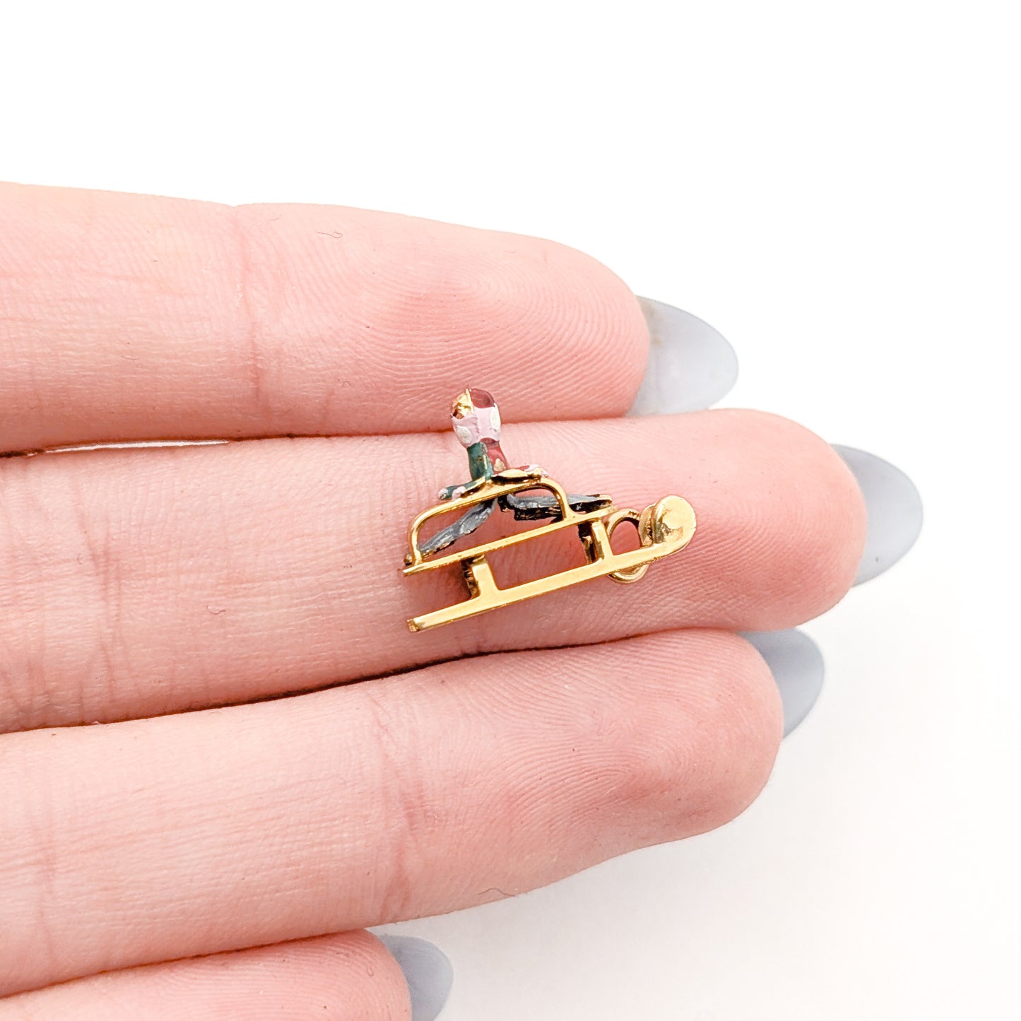 Vintage 14K Gold & Enamel Sledding Charm – Winter Holiday Scene, 14K Yellow Gold, Mid-Century