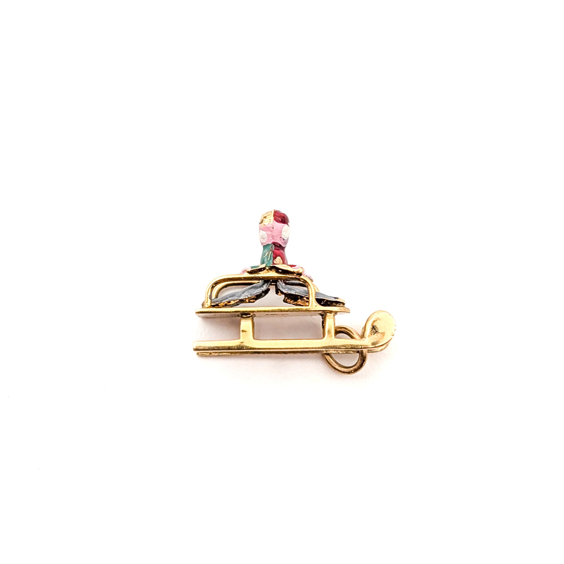 Vintage 14K Gold & Enamel Sledding Charm – Winter Holiday Scene, 14K Yellow Gold, Mid-Century