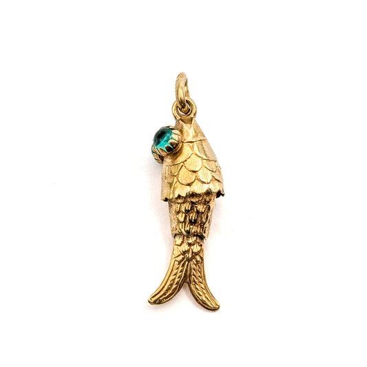 Vintage 10K Gold Mechanical Fish Charm with Glass Eyes – Articulated Design
