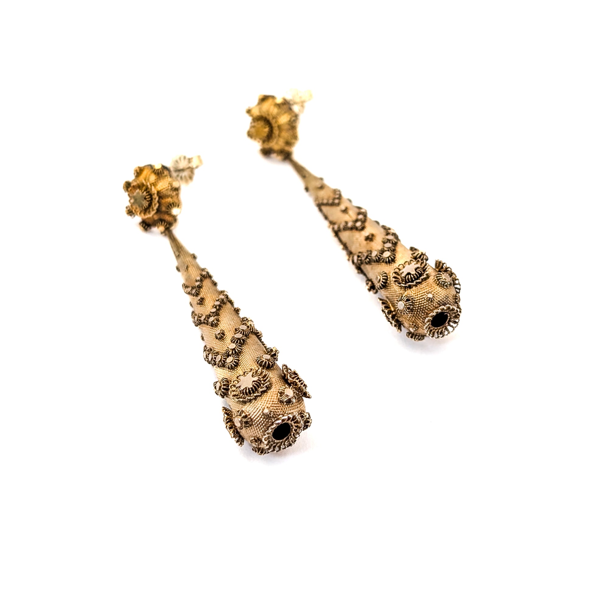 Pair of gold Georgian-era earrings with intricate designs on a white background. Crafted in solid 14K yellow gold, they feature the highly skilled and delicate art of cannetille work, They are a breathtaking example of early 19th-century goldsmithing.