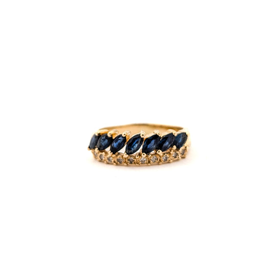 Vintage 14K Gold Marquise Blue Sapphires & Diamond Band Ring