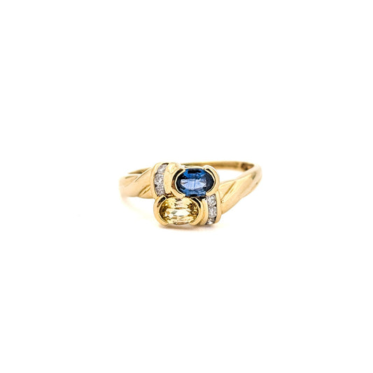 Vintage 14K Gold Blue & Yellow Sapphire Bypass Ring with Diamond Accents