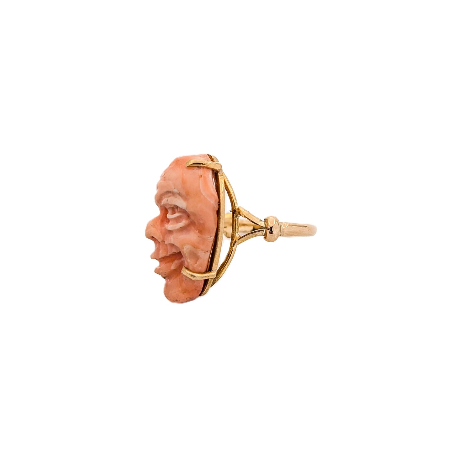Antique 14K Yellow Gold Carved Coral Cameo Ring - Exquisite Taishō era Masterpiece