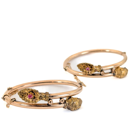 Victorian 14k Gold-Filled Lions Head Wedding Bracelets with Garnet and Ruby Accents – Pair