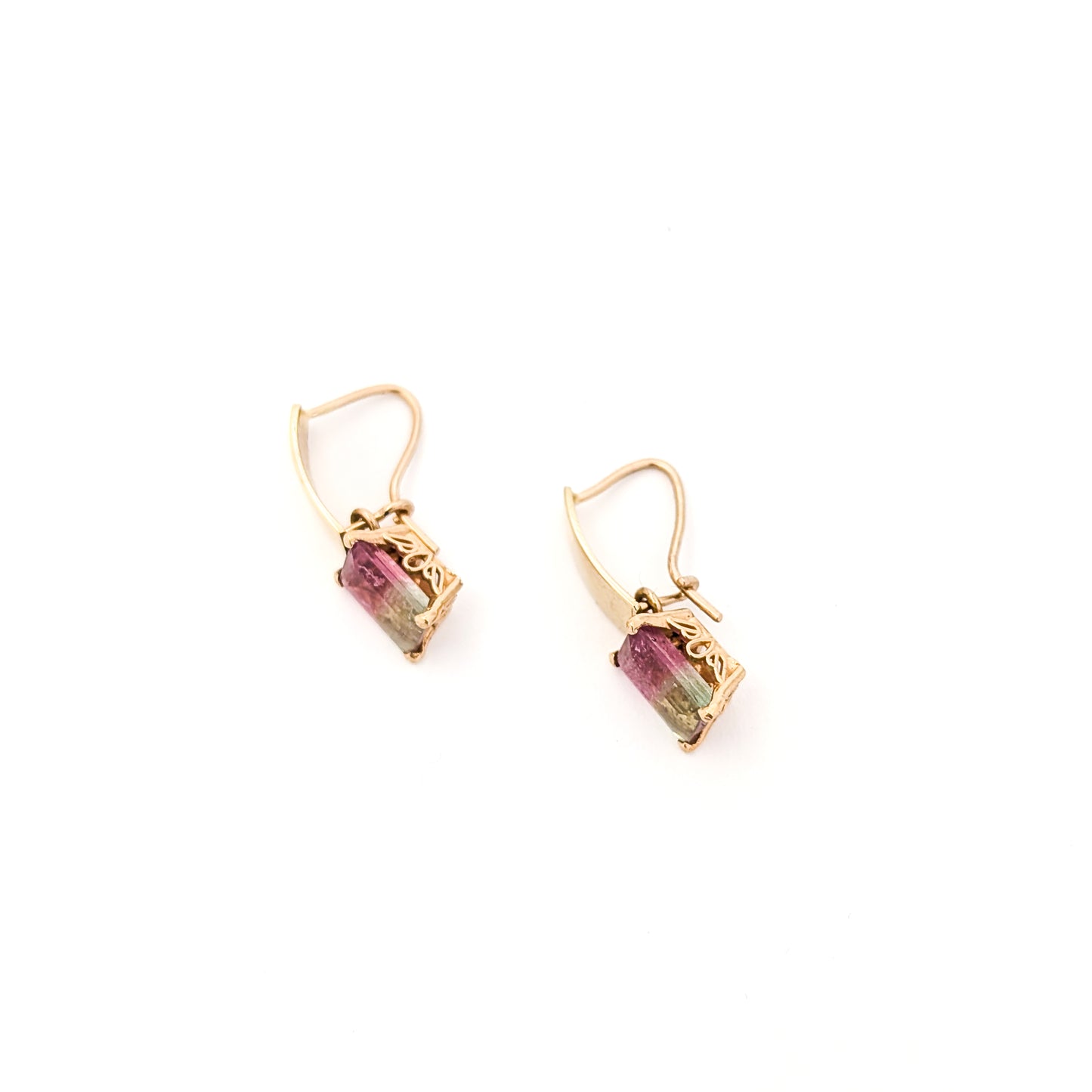 Vintage 14K Gold Watermelon Tourmaline Drop Earrings