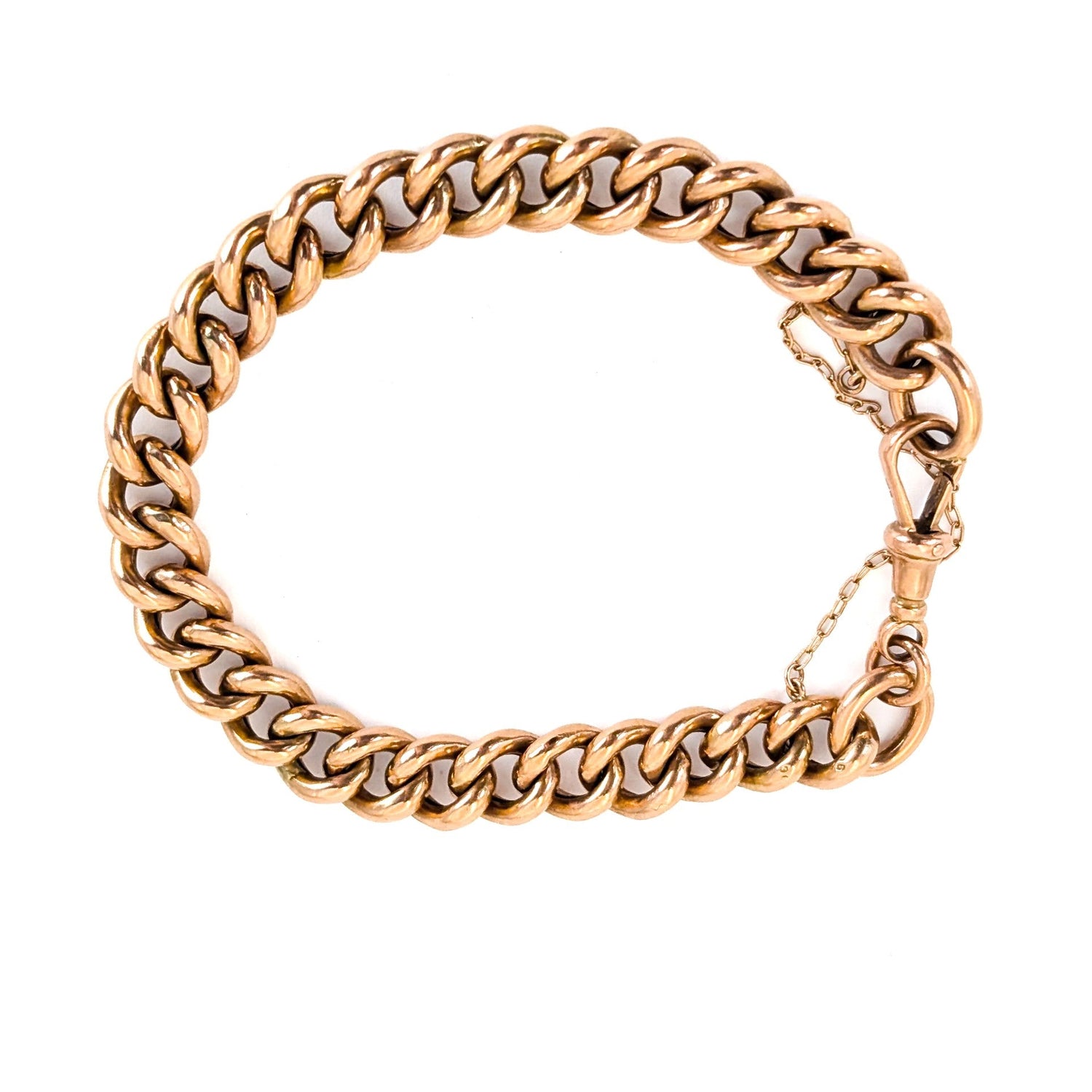 Antique 9ct Rose Gold Curb Link Bracelet, Dog Clip Clasp, 7" – Late Victorian / Edwardian