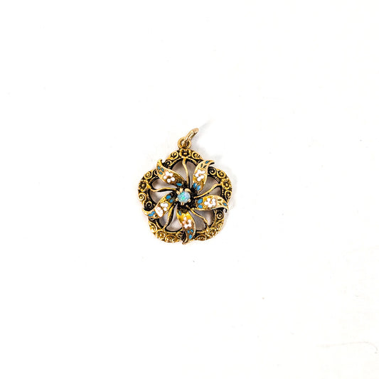 Antique Opal and Enamel Pendant in 14K Gold