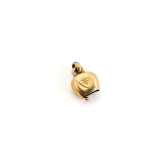 Vintage 9K Gold Alpine-Style Moving Cow Bell Charm with Shield & Cross