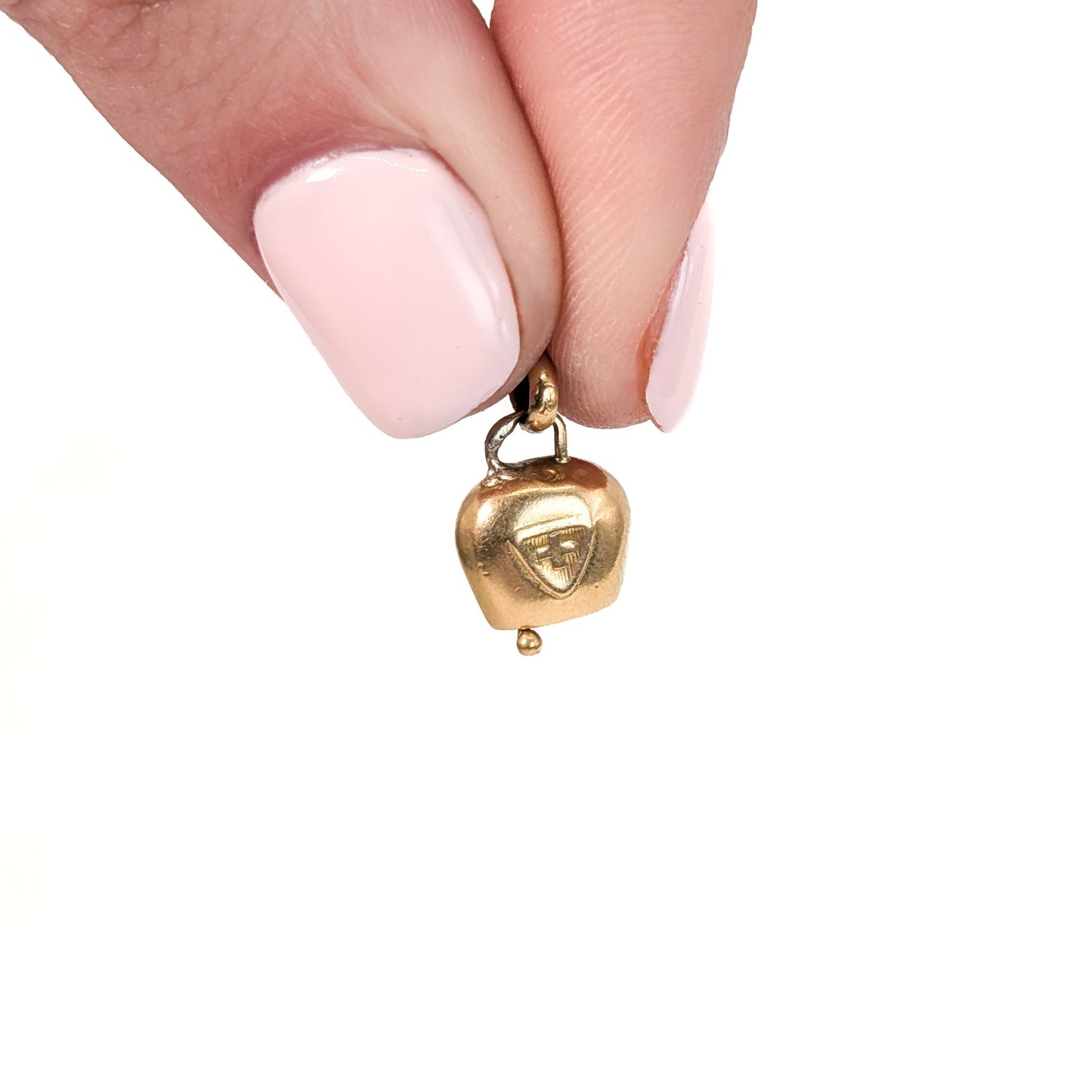 Vintage 9K Gold Alpine-Style Moving Cow Bell Charm with Shield & Cross