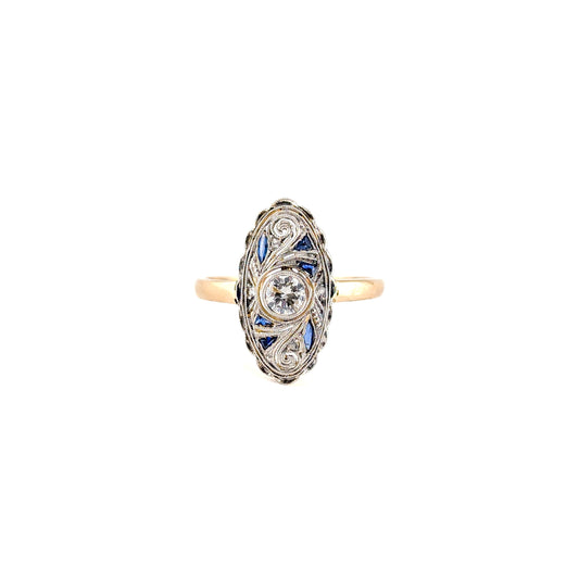 Antique 18K Gold & Platinum Diamond and Synthetic Sapphire Ring