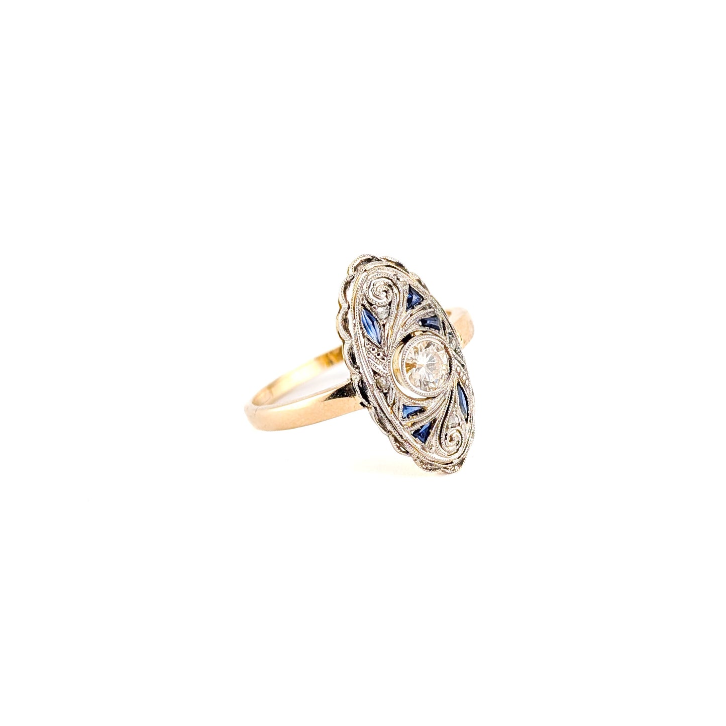 Antique 18K Gold & Platinum Diamond and Synthetic Sapphire Ring